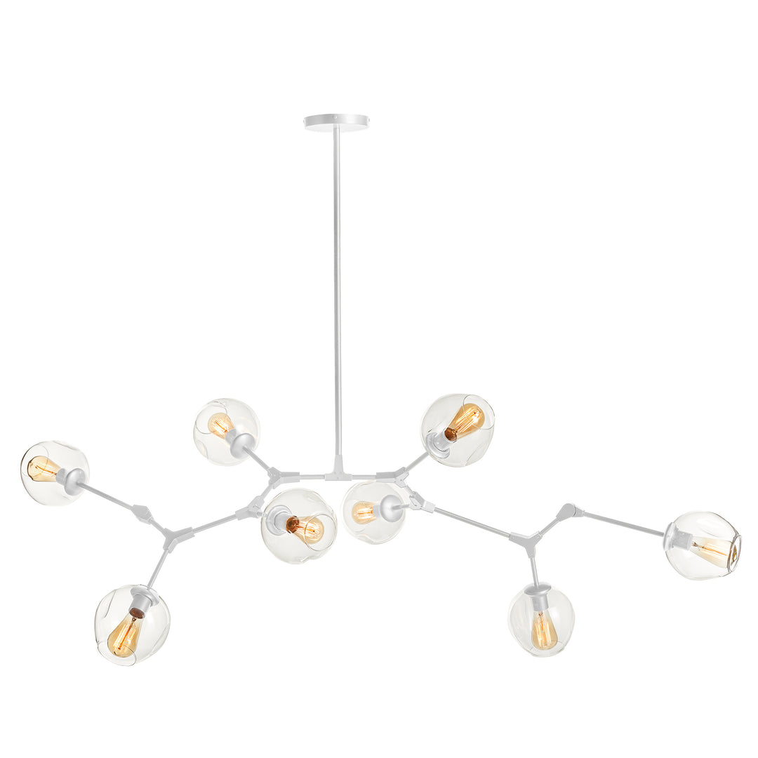 Product view of white mid-century chandelier with eight clear glass globes in sculptural form.

