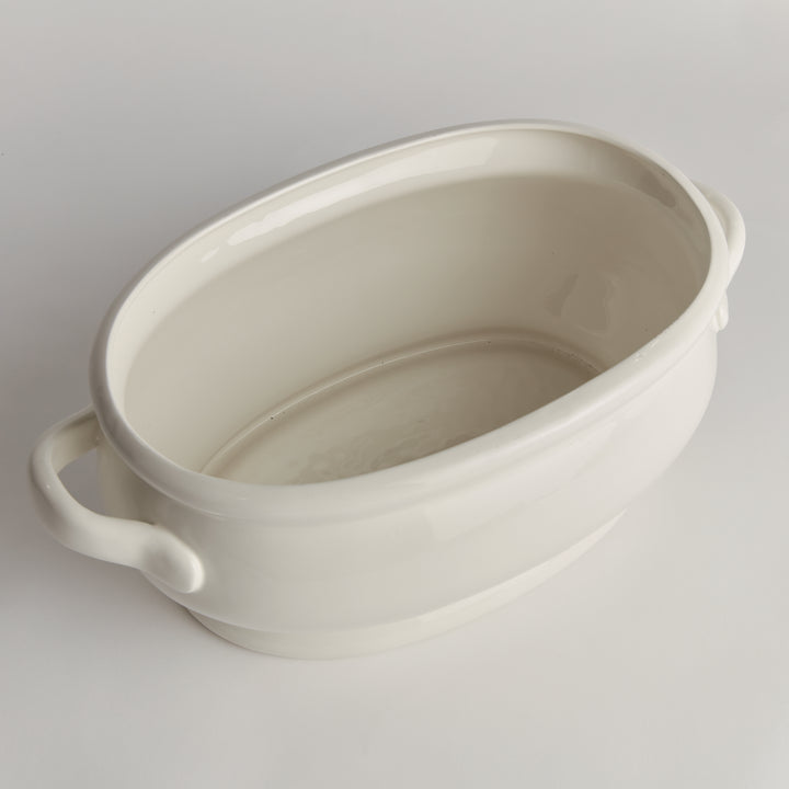 White oval ceramic cachepot viewed from above, showing its empty interior, curved rim and two loop handles - Traditional