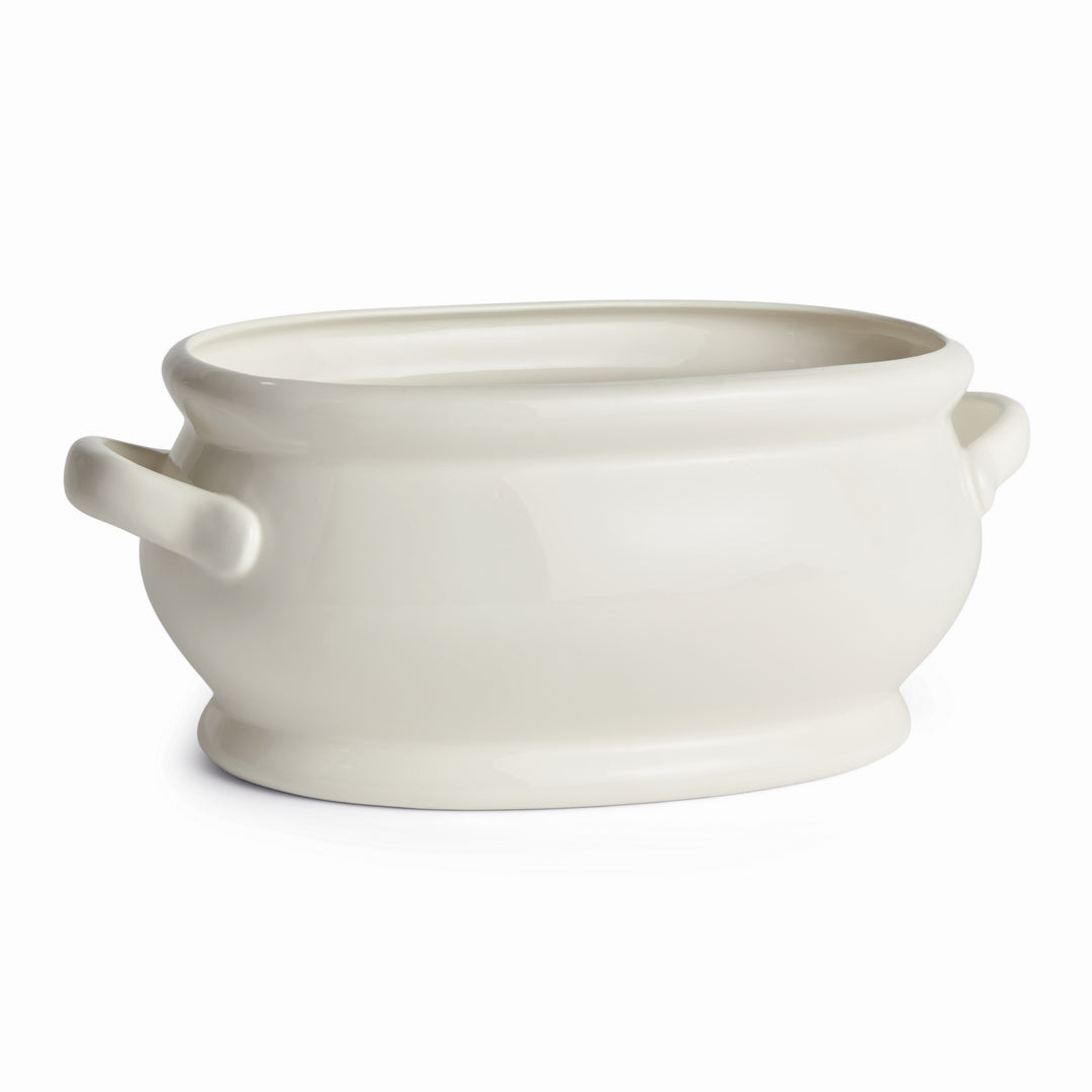 White oval ceramic cachepot with curved sides, loop handles and a raised rim, shown empty against a backdrop - Traditional