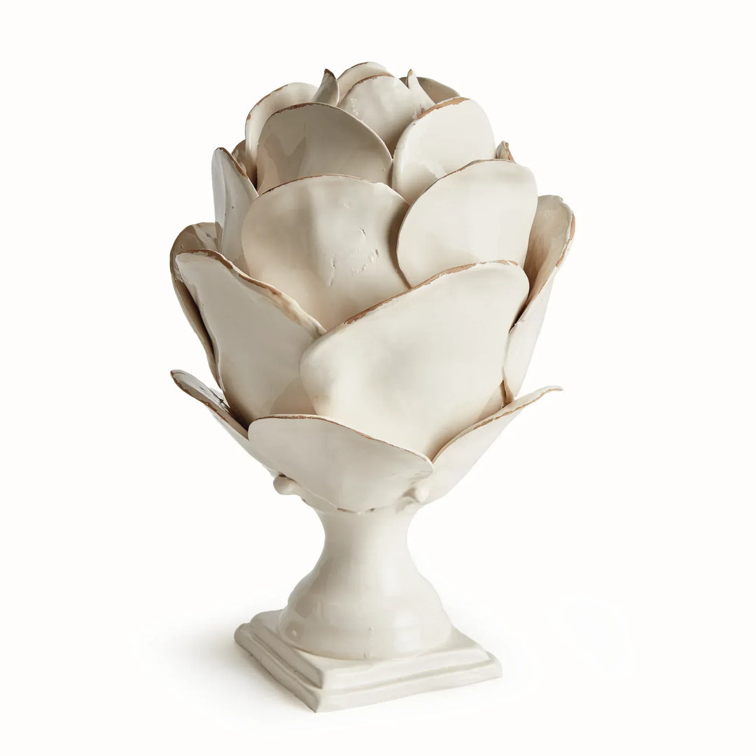 White ceramic petal finial with antiqued edges and a square pedestal base, shown against a white background, Traditional