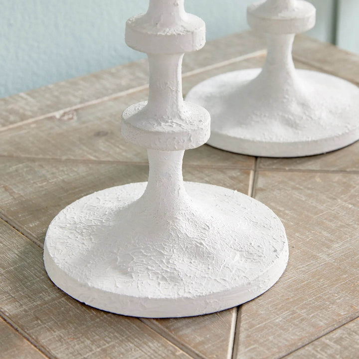 Close-up of white petite candle stand base showing textured surface and round form for steady support of pillar candles – Modern Farmhouse.