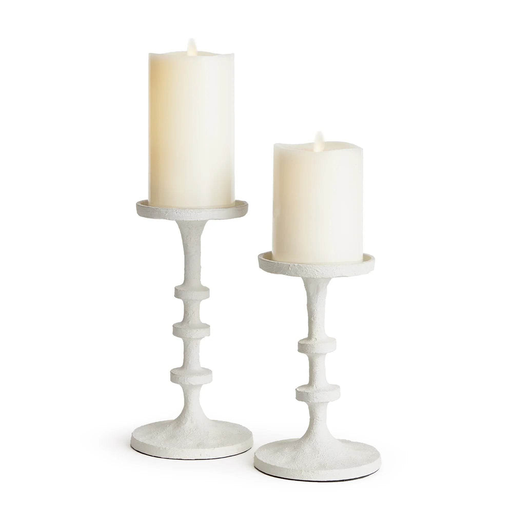 White petite candle stands in a set of two with textured stems, holding flameless pillar candles for mantel or tabletop styling – Modern Farmhouse.