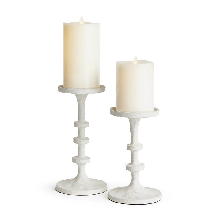 White petite candle stands in a set of two with textured stems, holding flameless pillar candles for mantel or tabletop styling – Modern Farmhouse.