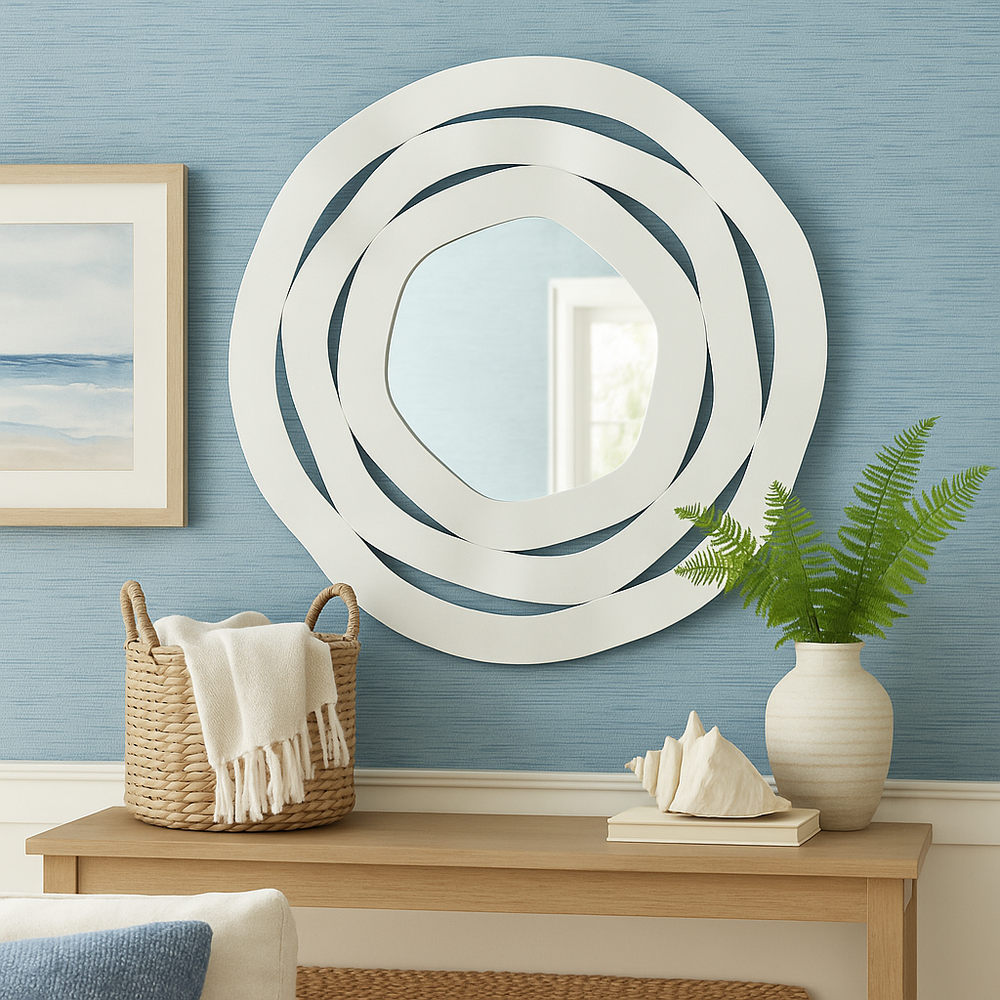 White ribbon-framed mirror on blue grasscloth wall, styled with basket, shell, and ceramic vase for a refined coastal vignette.

