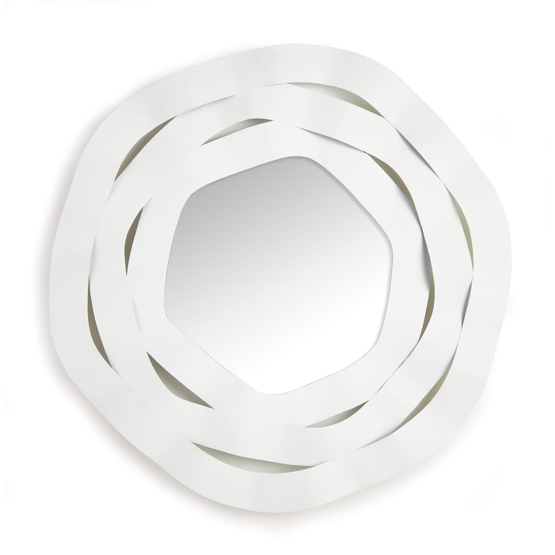 Front-facing image of round decorative mirror with sculptural white metal ribbon frame, ideal for modern or coastal interiors.

