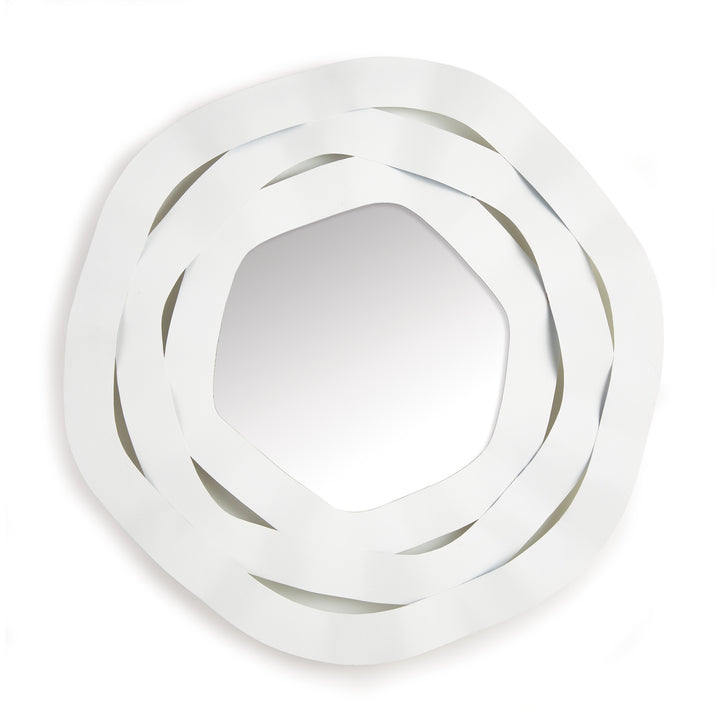Front-facing image of round decorative mirror with sculptural white metal ribbon frame, ideal for modern or coastal interiors.

