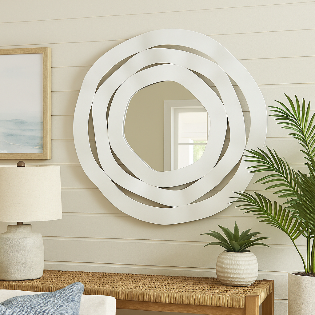 Sculptural white ribbon mirror above rattan console in coastal living room, styled with palm plant and soft neutral decor accents.

