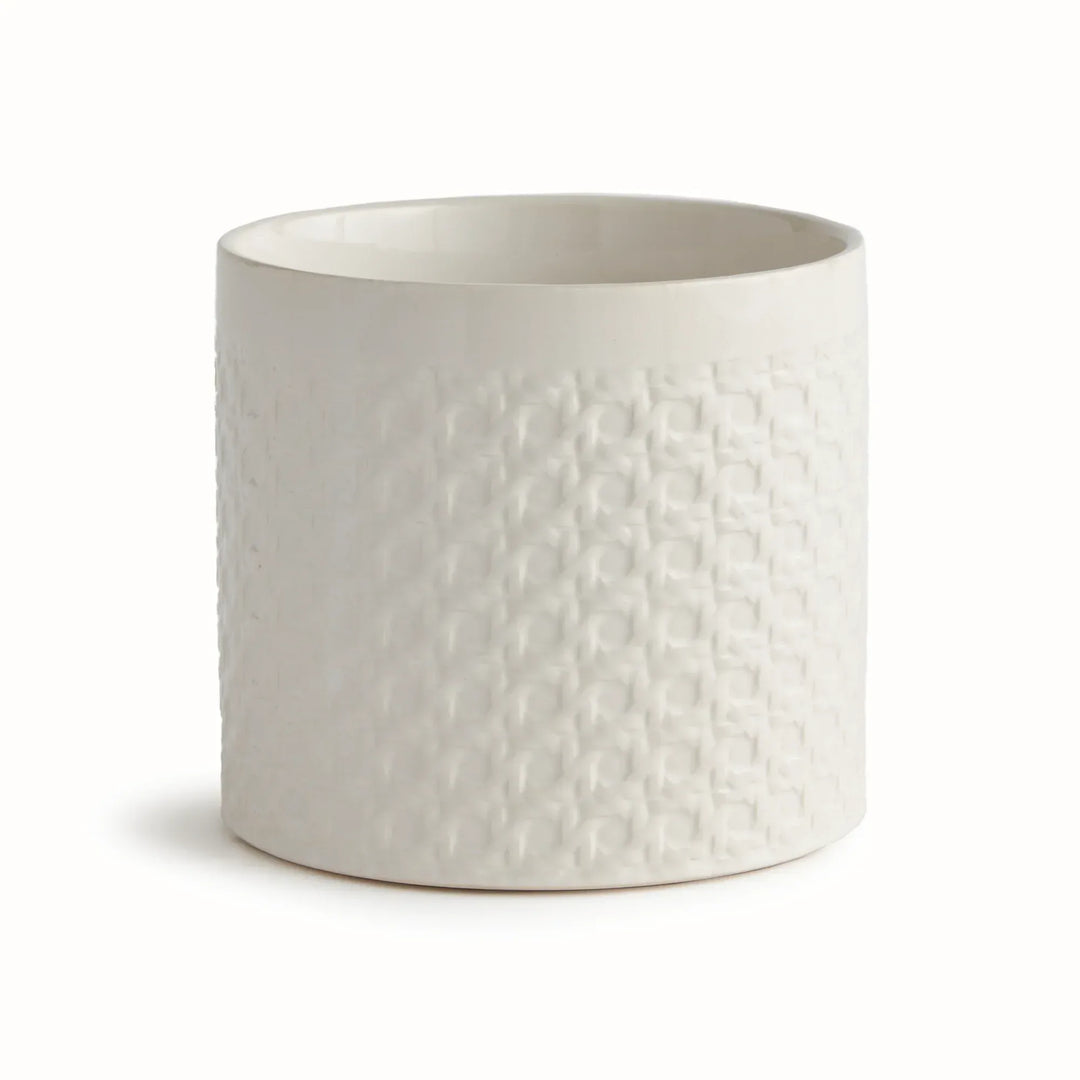 White ceramic planter with a round body and raised lattice detailing, shown against a plain white background, Traditional