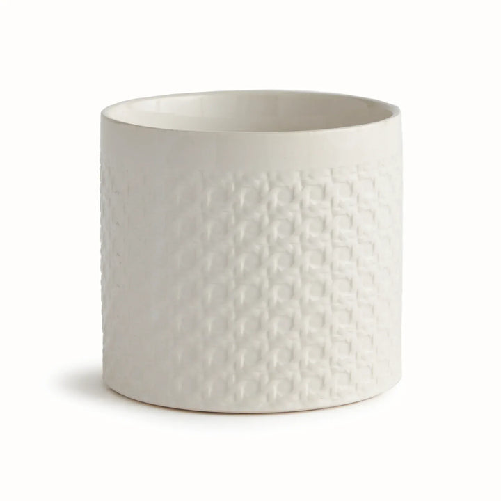 White ceramic planter with a round body and raised lattice detailing, shown against a plain white background, Traditional