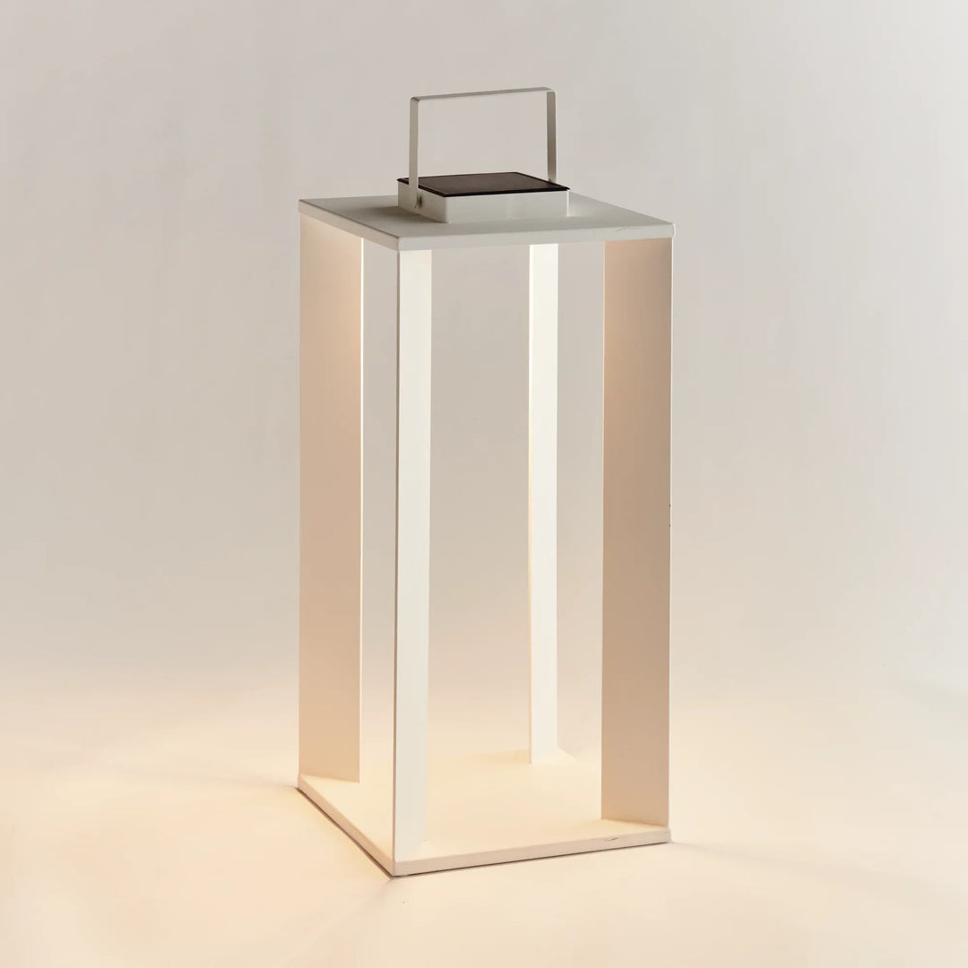 White solar LED lantern 24 inch outdoor lantern with tall modern frame and soft warm light for patio or garden setting