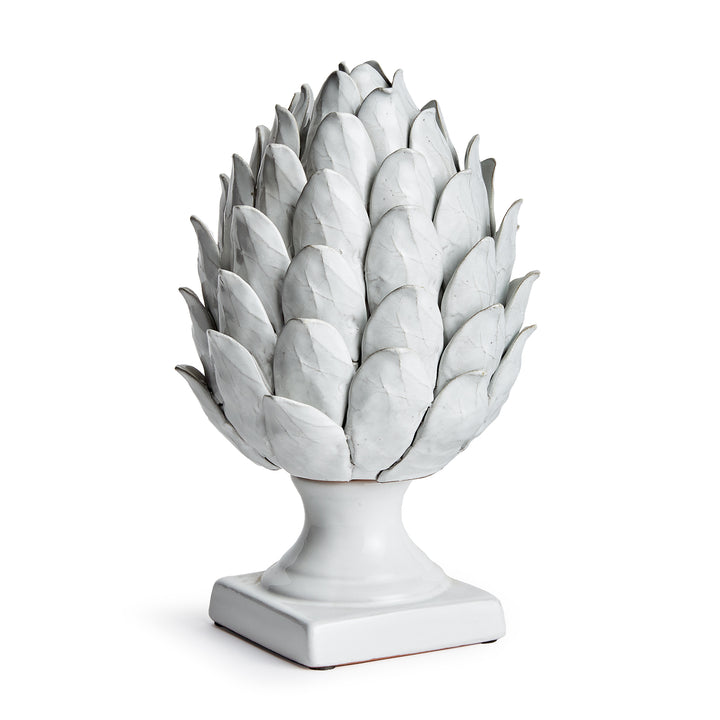 Large white terracotta artichoke finial with layered veined leaves and a square pedestal base, shown in full - Transitional