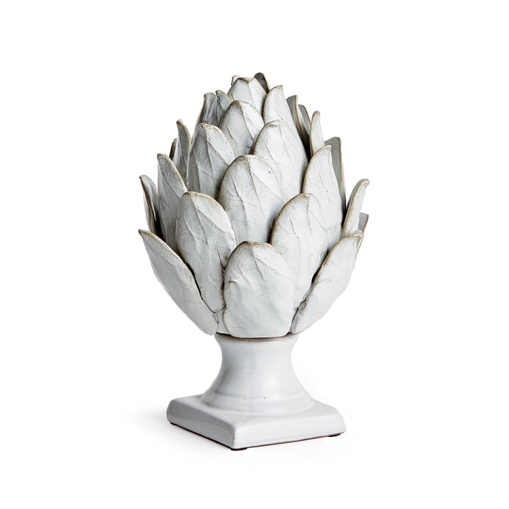 Small white terracotta artichoke finial with layered veined leaves and a square pedestal base, shown in full - Transitional