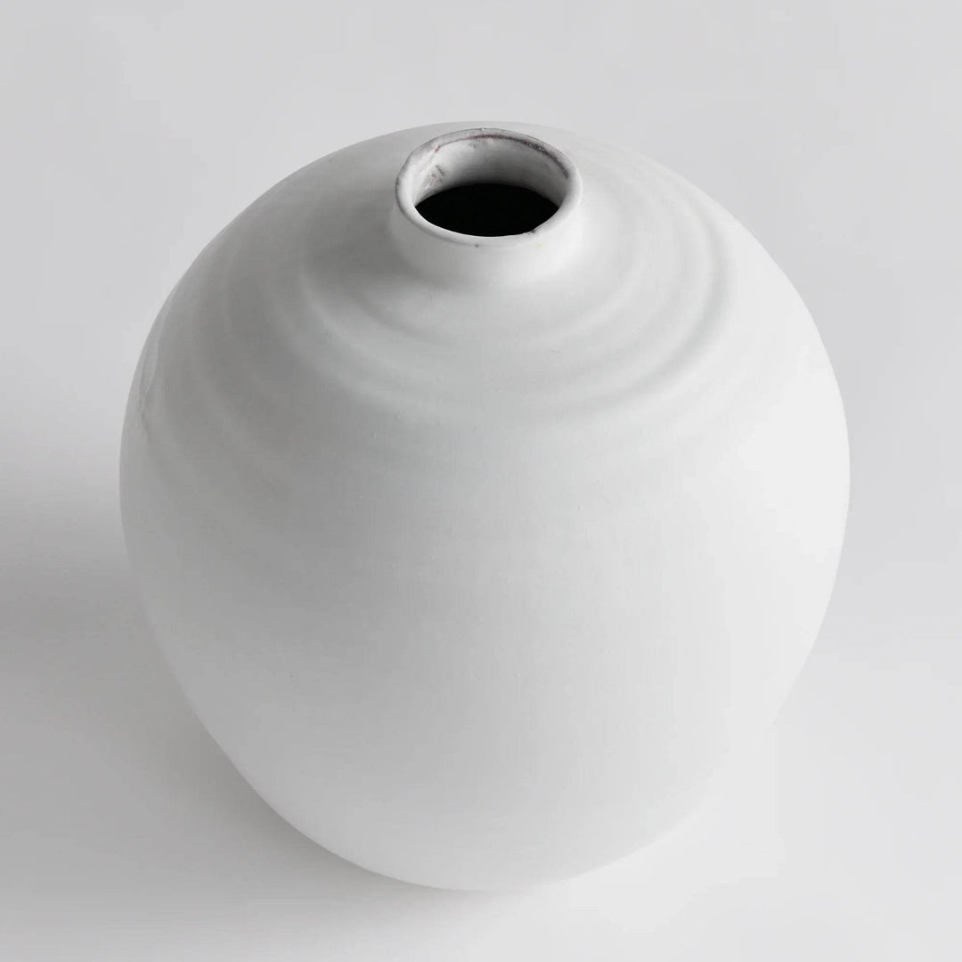 White terracotta vase with matte glaze and subtle ribbed rings, front view of 13.75-inch decorative accent – Modern Organic