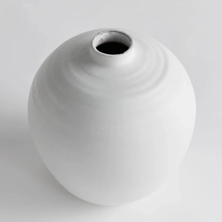 White terracotta vase with matte glaze and subtle ribbed rings, front view of 13.75-inch decorative accent – Modern Organic