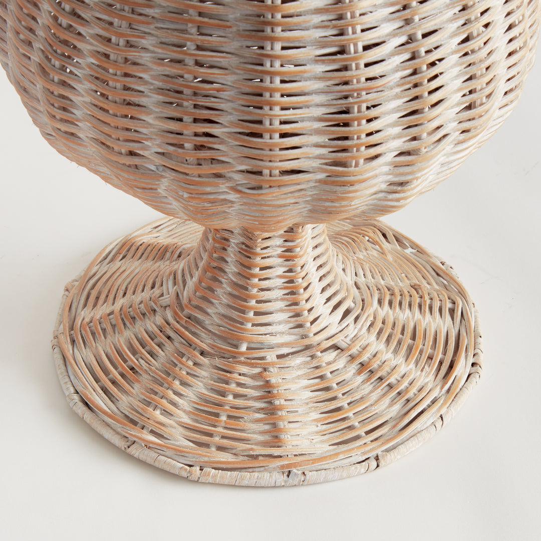 Close-up of the whitewash handwoven rattan footed urn pedestal base highlighting artisan woven detailing – Coastal.