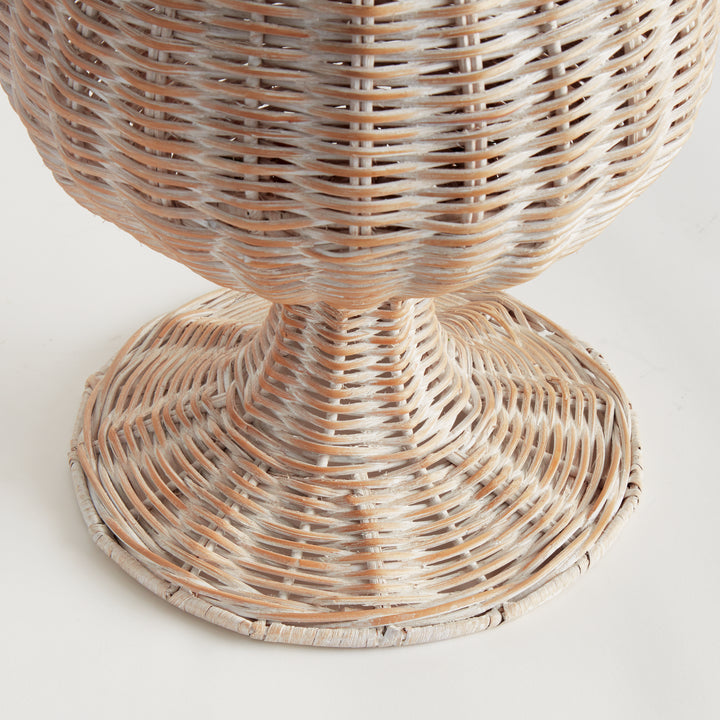 Close-up of the whitewash handwoven rattan footed urn pedestal base highlighting artisan woven detailing – Coastal.