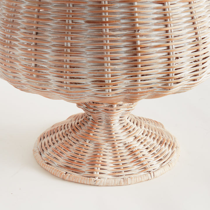 Close-up of the whitewash wide rattan footed urn pedestal base highlighting handcrafted woven detailing – Coastal.
