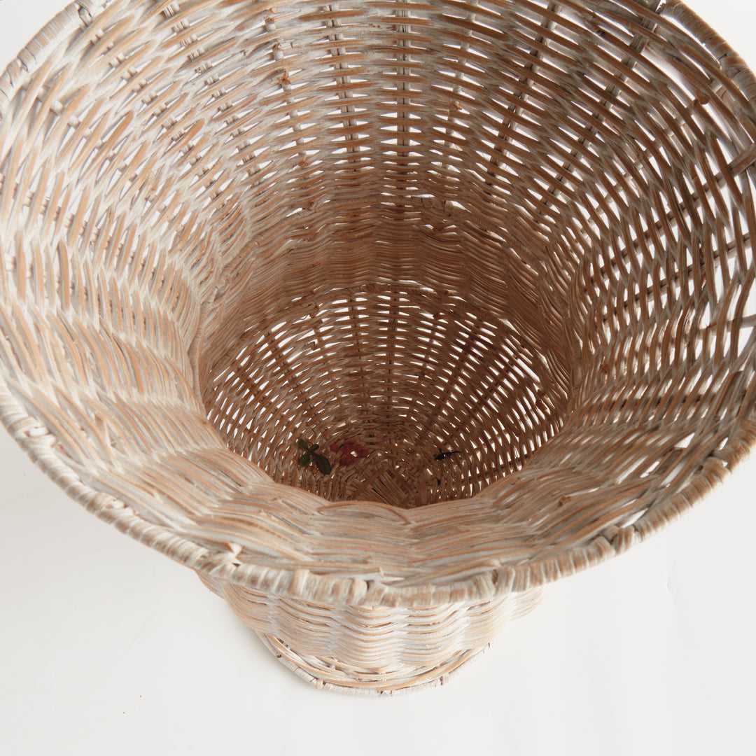Top view of the whitewash handwoven rattan footed urn showing the woven interior and handcrafted construction – Coastal.