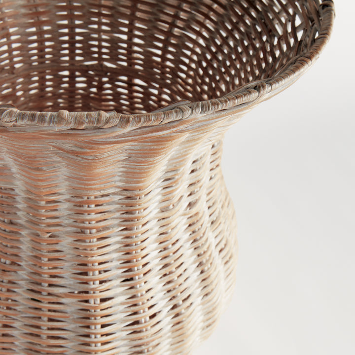 Close-up of the whitewash handwoven rattan urn flared rim showcasing natural woven texture and artisan craftsmanship – Coastal.