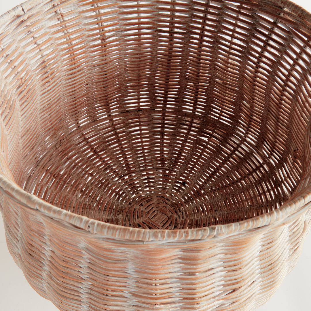 Top view of the whitewash handwoven wide rattan footed urn displaying the woven interior and artisan construction – Coastal.