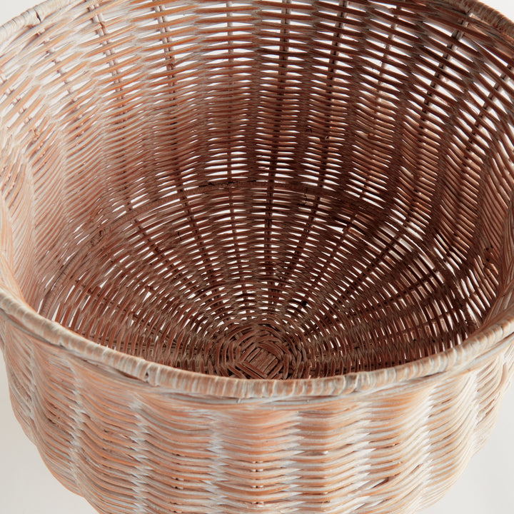 Top view of the whitewash handwoven wide rattan footed urn displaying the woven interior and artisan construction – Coastal.