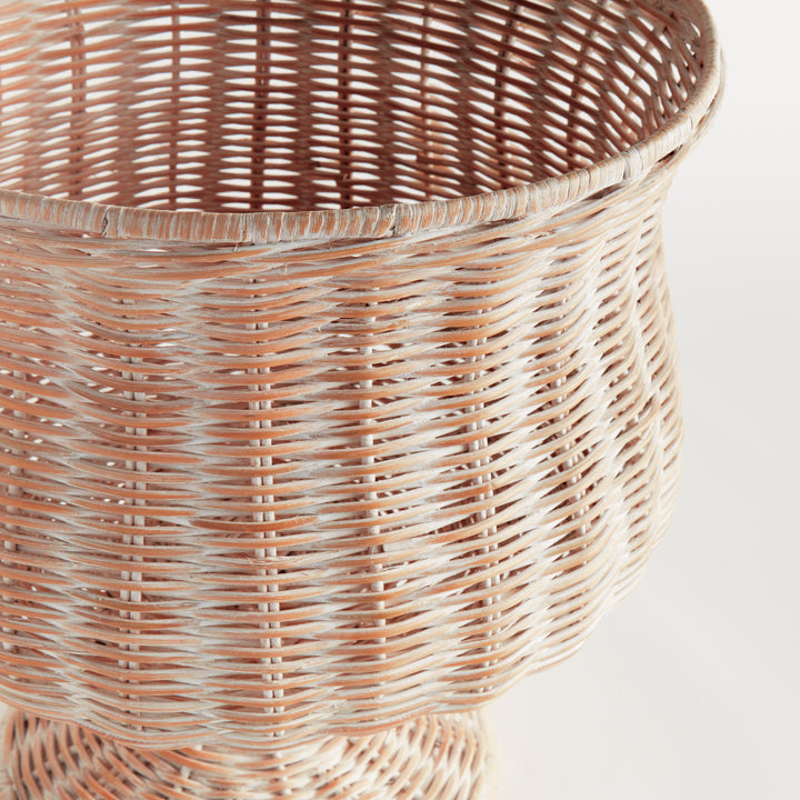 Close-up of the whitewash handwoven wide rattan urn rim showcasing natural woven texture and artisan craftsmanship – Coastal.