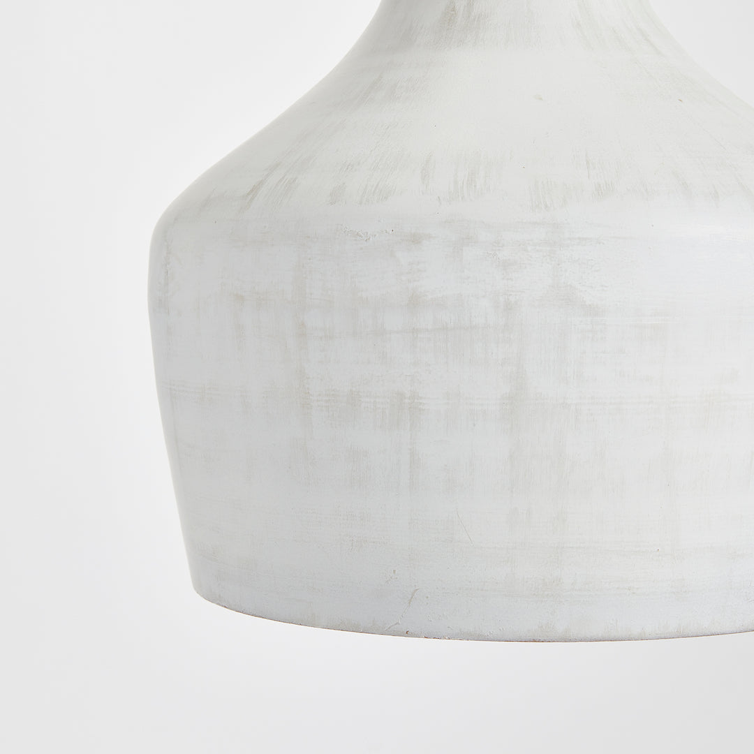Whitewashed bell pendant shade detail showing slim neck flowing into broad shoulders with a matte surface, Transitional style