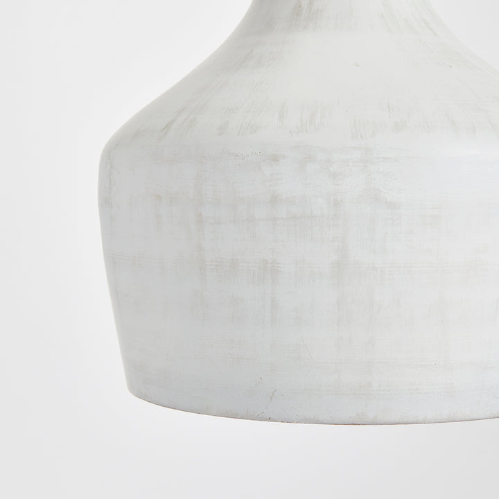 Whitewashed bell pendant shade detail showing slim neck flowing into broad shoulders with a matte surface, Transitional style