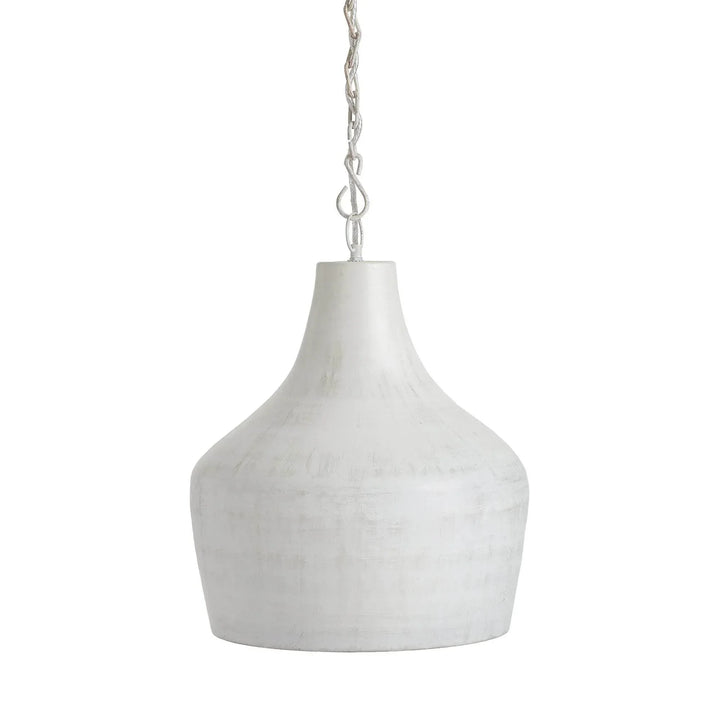 Whitewashed iron bell pendant with a slim neck, broad rounded shoulder and open lower rim against white, Transitional style