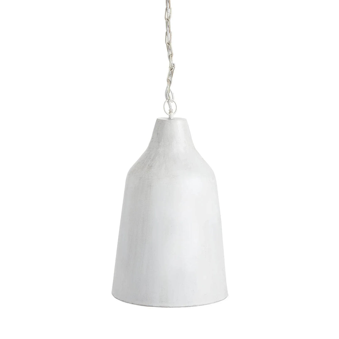 Whitewashed iron bottle pendant light with a narrow neck, tapered sides and matching chain against white, Transitional style