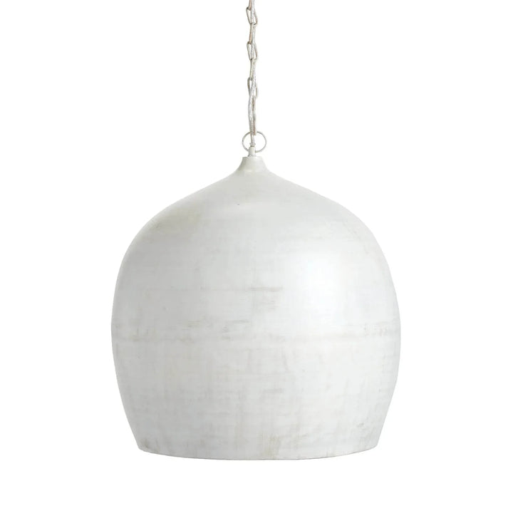 Whitewashed iron dome pendant with a full rounded body, narrow top and matching chain against plain white, Transitional style