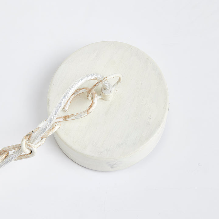 Whitewashed pendant ceiling canopy with a round plate, white chain links and clear cord shown from above, Transitional style
