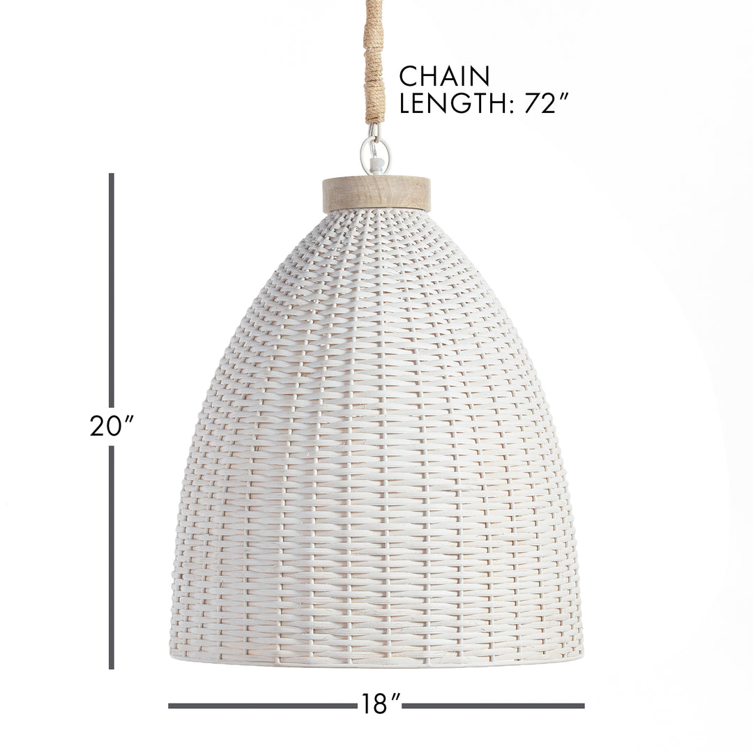 Whitewashed rattan pendant diagram showing the shade height and diameter with hanging chain length above, Transitional style