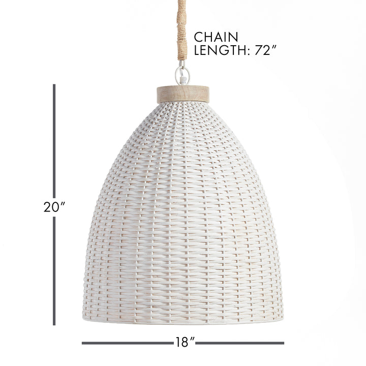 Whitewashed rattan pendant diagram showing the shade height and diameter with hanging chain length above, Transitional style