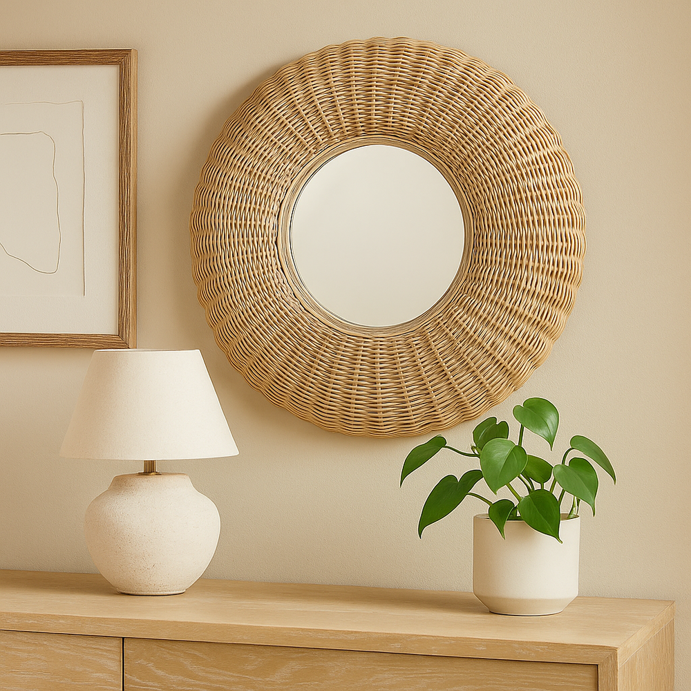 Whitewashed round rattan wall mirror styled above a light wood console with a lamp, framed art, and heartleaf plant in soft lighting.