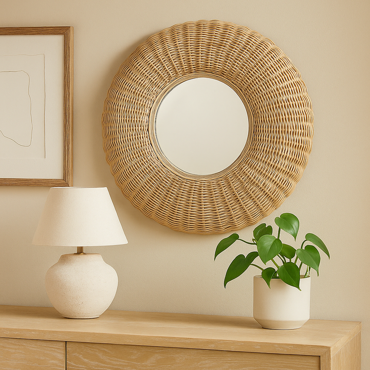Whitewashed round rattan wall mirror styled above a light wood console with a lamp, framed art, and heartleaf plant in soft lighting.