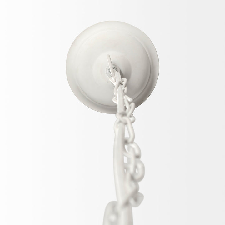 Whitewashed wood beaded pendant light hardware detail showing the pale, round ceiling canopy and hanging chain – Coastal
