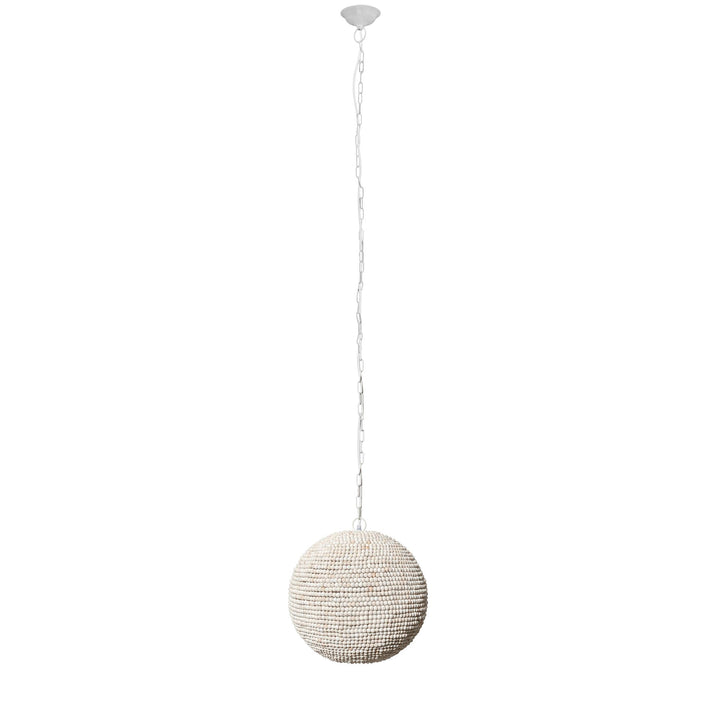Whitewashed wood beaded pendant light shown in full with its long pale chain and round ceiling canopy on white – Coastal