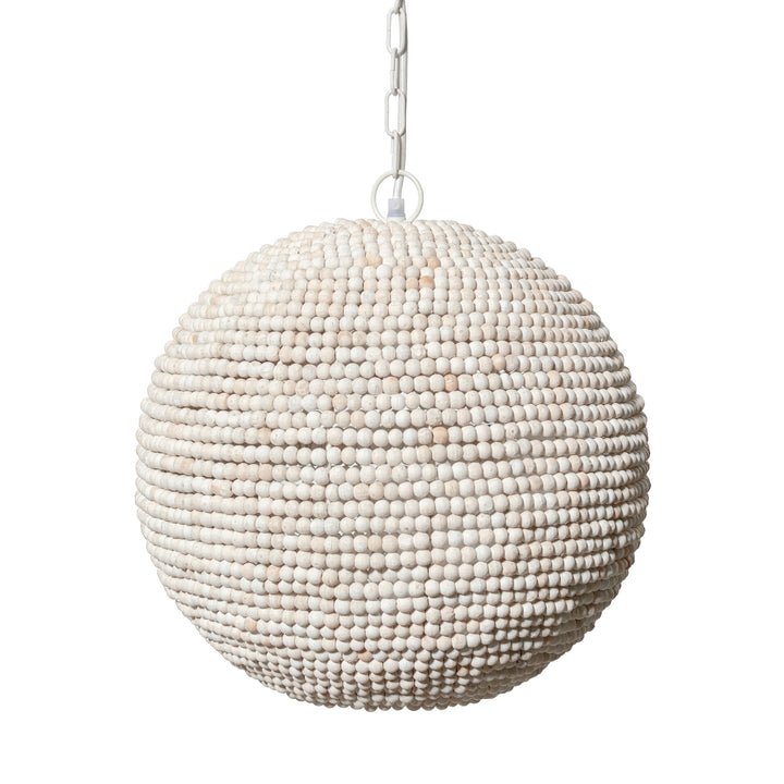 Whitewashed wood beaded pendant light with a rounded shade and pale hanging chain, shown against a white backdrop – Coastal