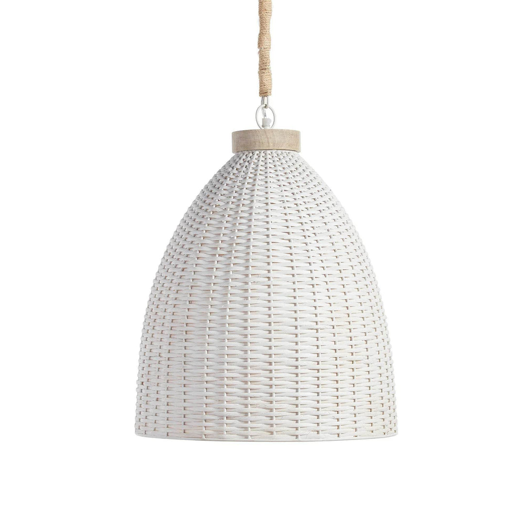 Whitewashed woven rattan pendant with a rounded tapered shade and wrapped hanging chain against white, Transitional style
