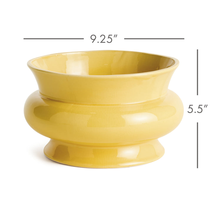 Dimension illustration of a wide ceramic cachepot measuring 9.25 inches wide by 5.5 inches high – English Country
