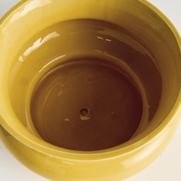Top view of a wide ceramic cachepot showing the finished interior and drain hole for healthy indoor planting – English Country