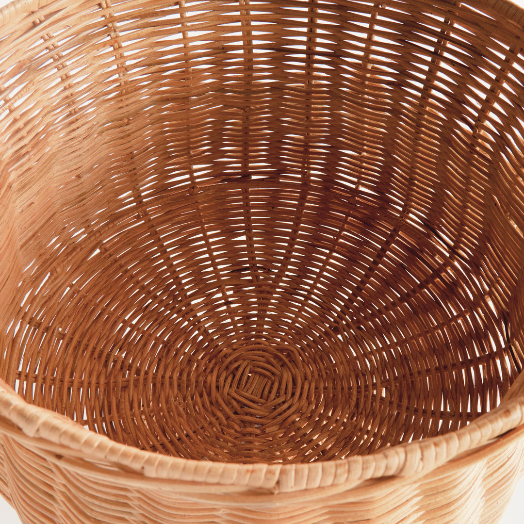 Top view of the natural handwoven wide rattan footed urn showcasing the woven interior and artisan craftsmanship – Coastal.