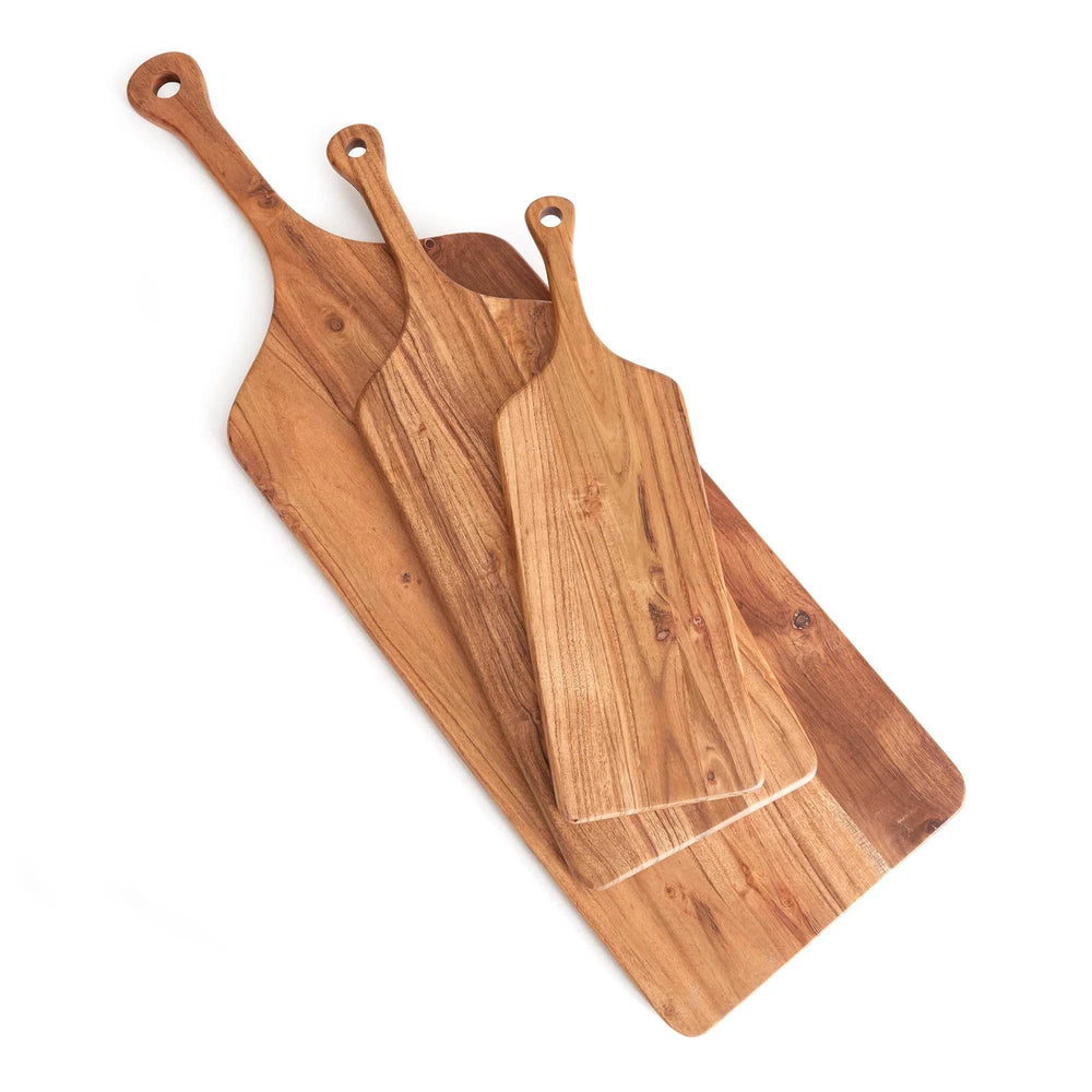 Top view of three acacia wood serving boards stacked together, rectangular shape with rounded handles – Rustic.