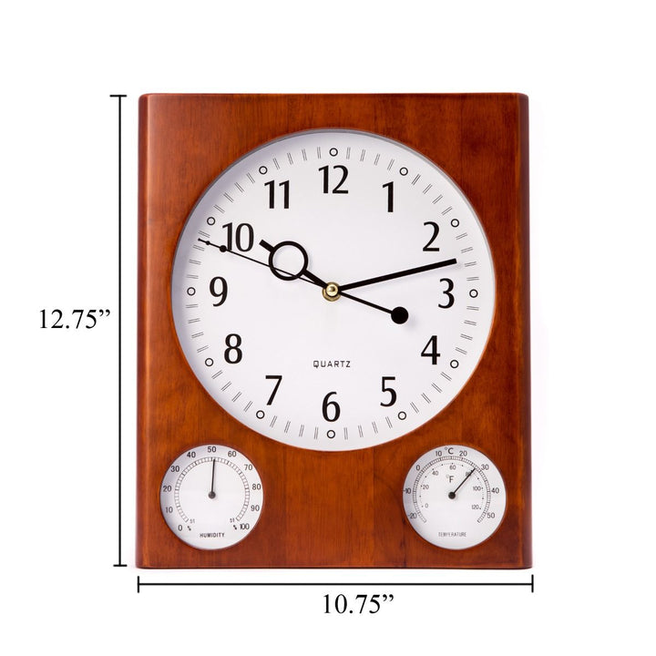 Cherry finish wood wall clock with thermometer hygrometer and size dimensions shown for wall mounted use Classic Study style