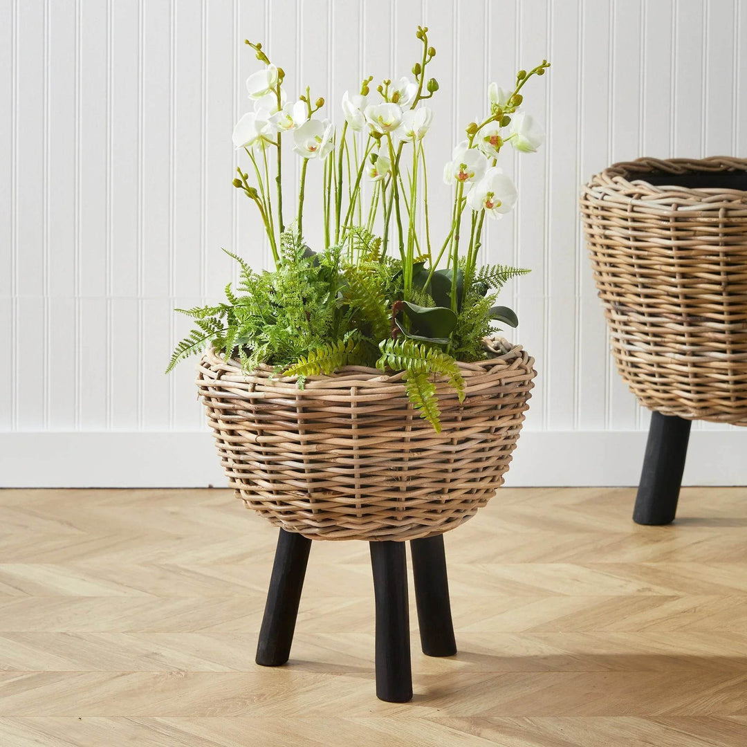 Basket planter filled with orchids and ferns, raised on dark teak legs

