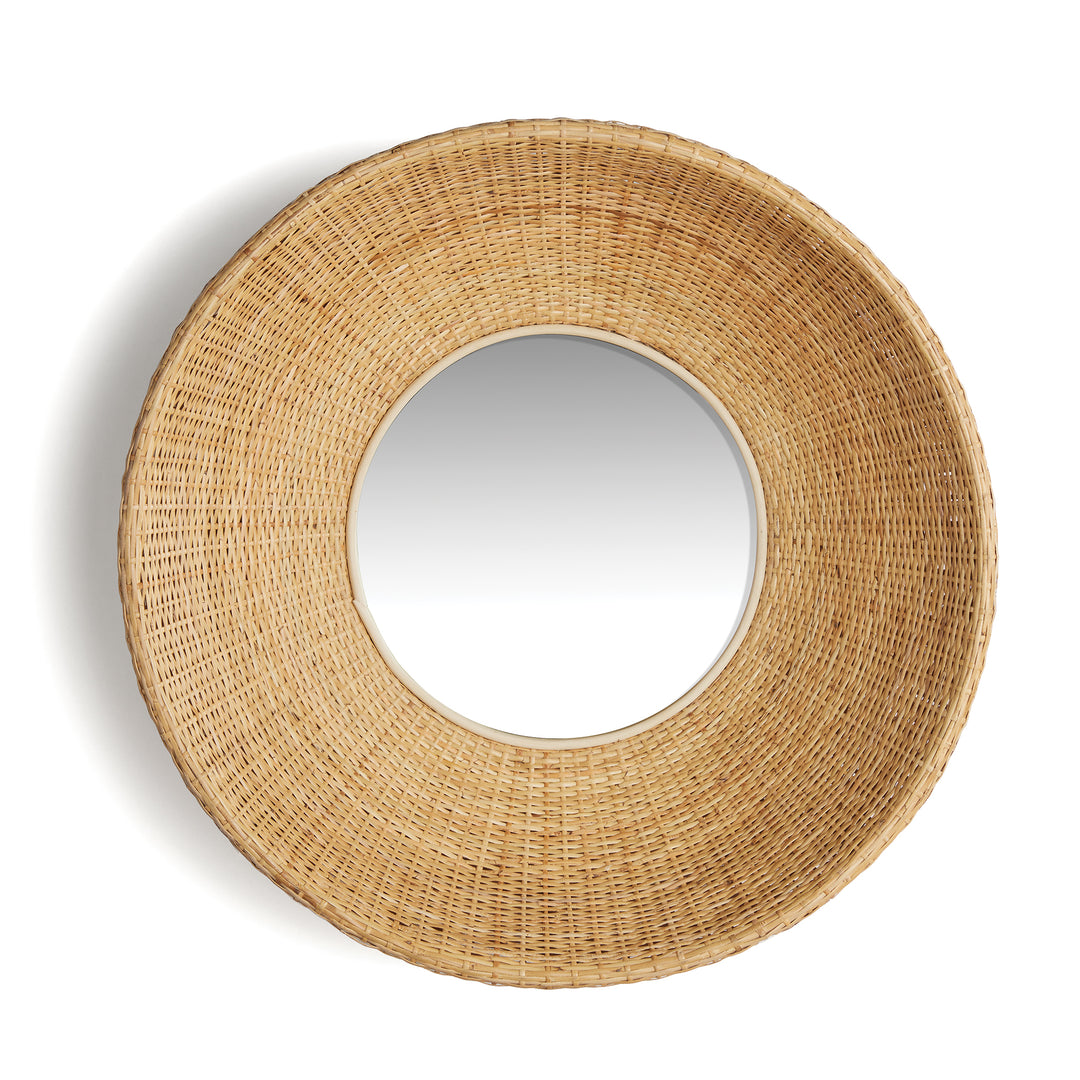 Frontal view of round rattan wall mirror with a wide natural fiber frame against a plain white background