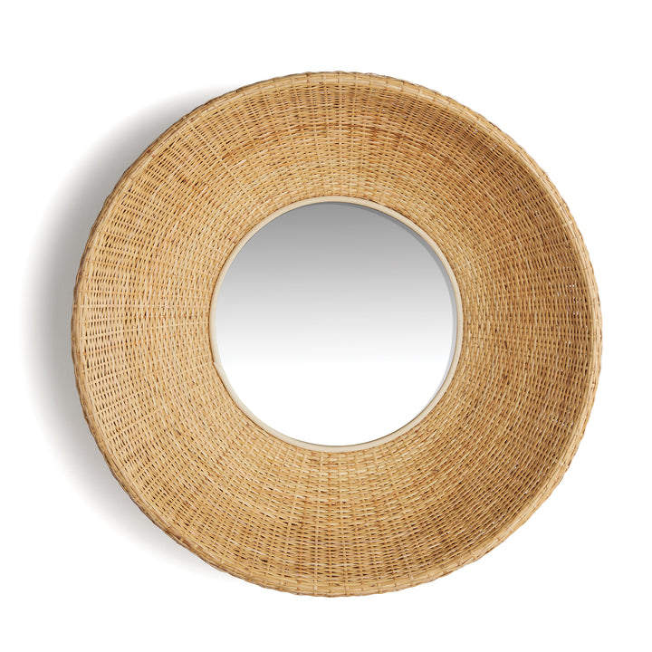 Frontal view of round rattan wall mirror with a wide natural fiber frame against a plain white background