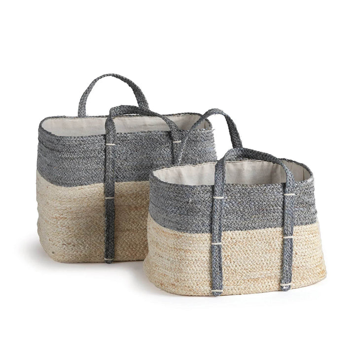 Set of two woven rectangular storage baskets in gray and natural corn husk with cotton liners and handles for indoor use – Minimal.

