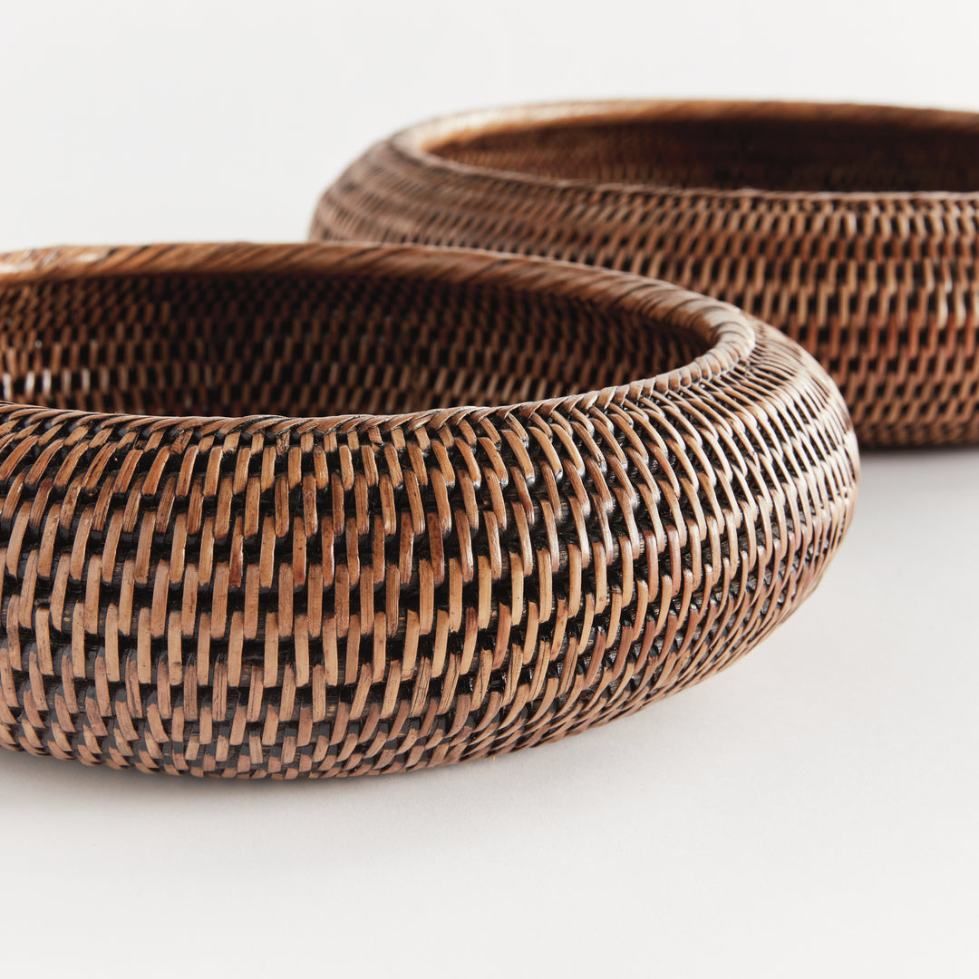 Brown rattan shallow display bowl set close-up showing the curved sides, fine woven strands and rims - Coastal Transitional